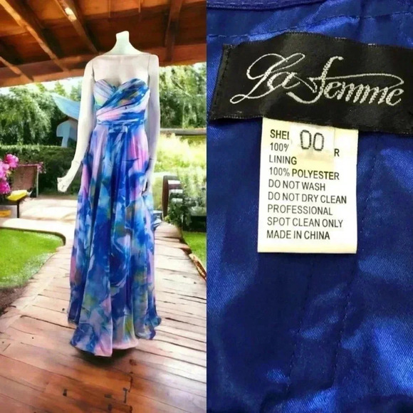 La Femme Size 00 Multi-Color Floral Chiffon Formal Gown Pockets Prom Wedding NEW - Picture 1 of 11